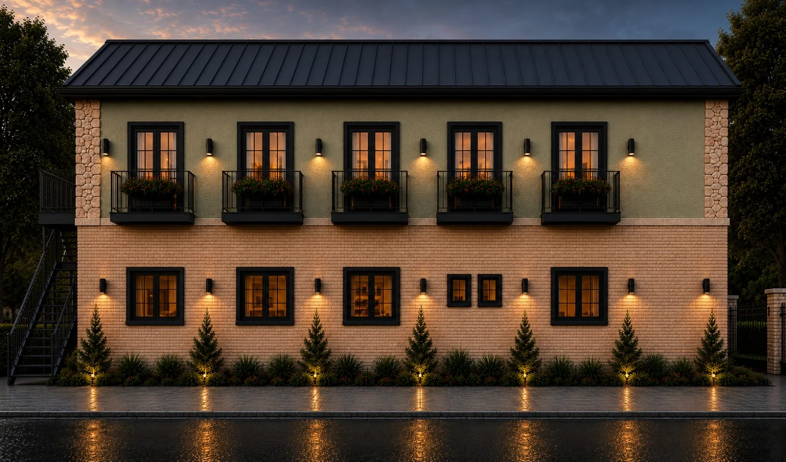 Long elevation with repeated suite windows
