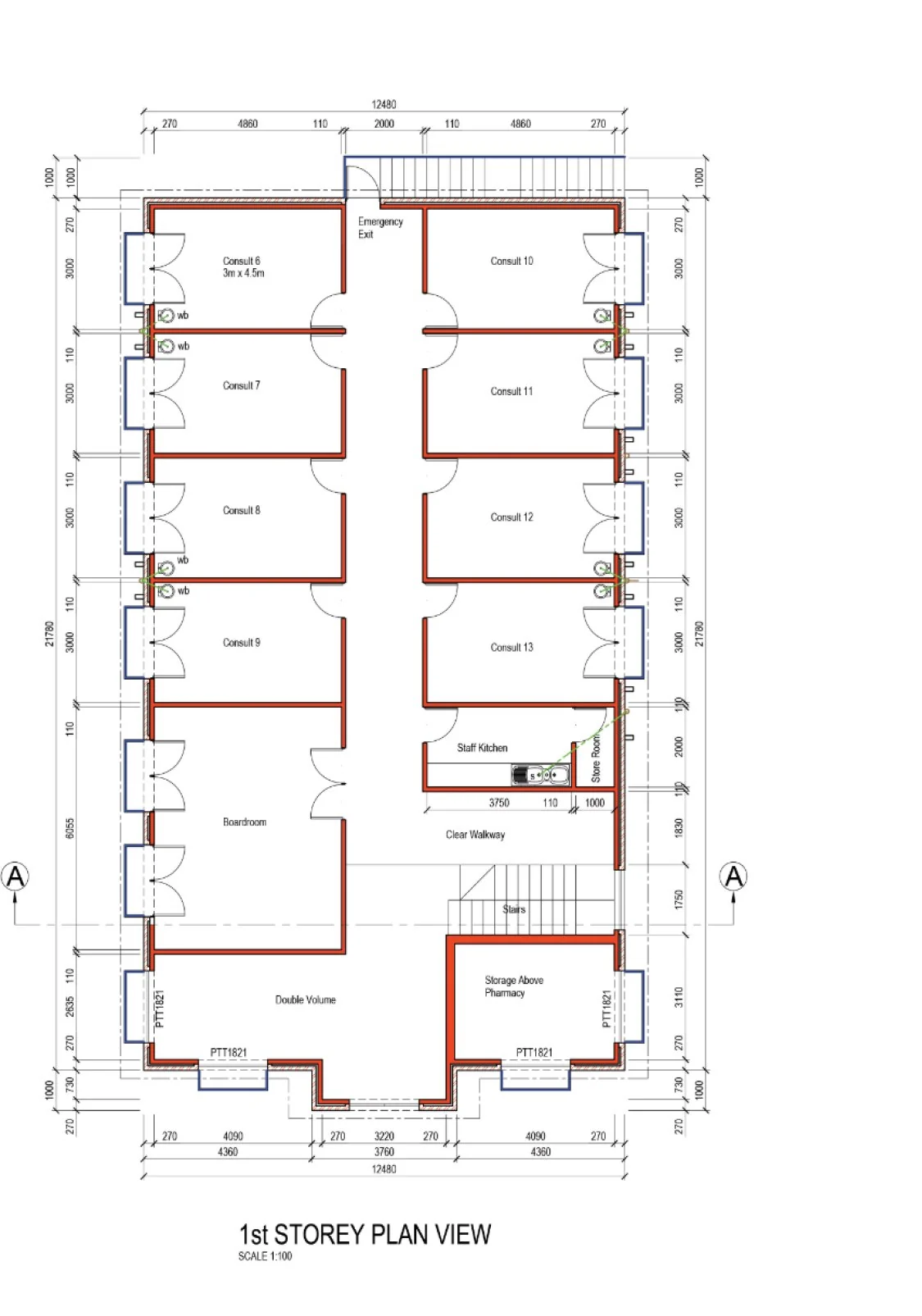 First floor plan showing Consult 6 to 13, boardroom, staff kitchen, store room and private office suite